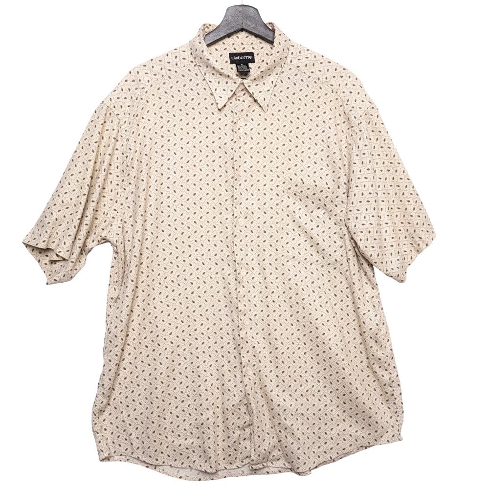 Vintage Claiborne Shirt Mens XL Beige‎ Geometric Pattern Short Sleeve